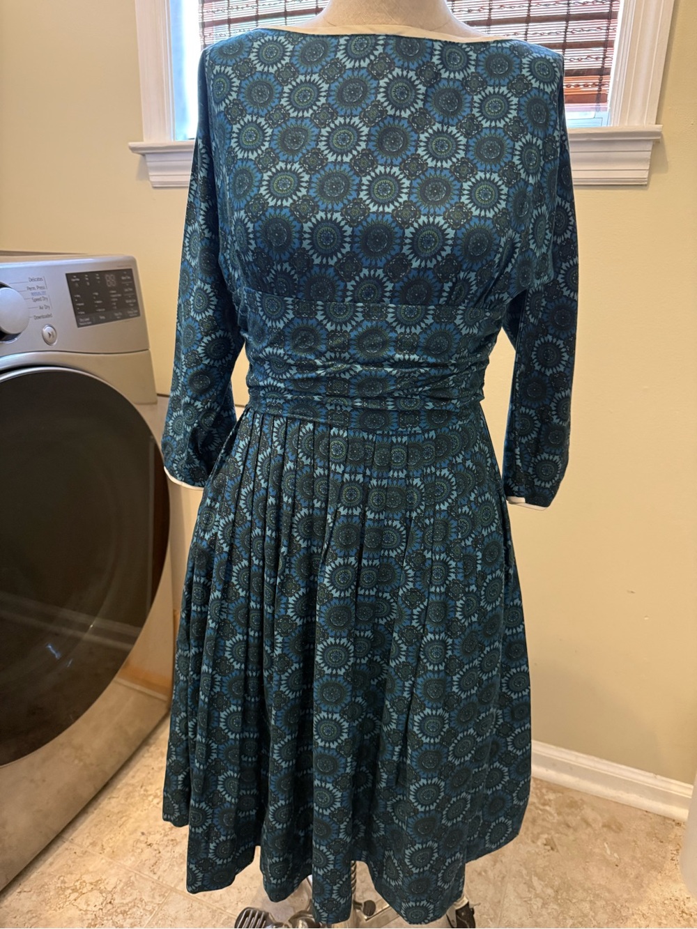 Vintage Teal and Navy Floral-Scale Midi Dress